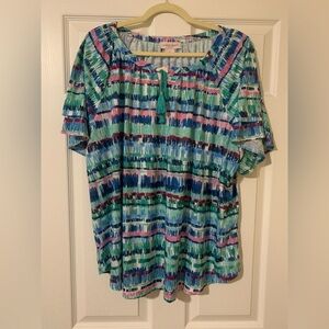 NWT‎ Allison Daley Blouse Plus Size 3X Vibrant Boho Print, Tassel Tie Neckline